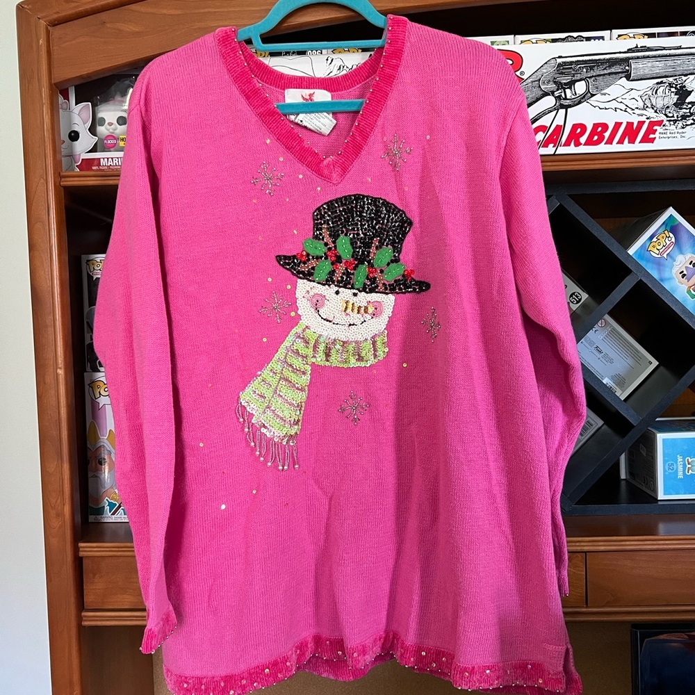 Quackery factory sequin snowman ugly Christmas sweater